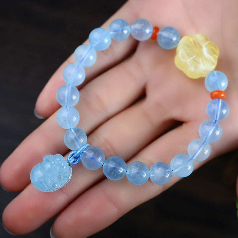 Natural Aquamarine, Amber, and Red Agate Pixiu Charm Bracelet