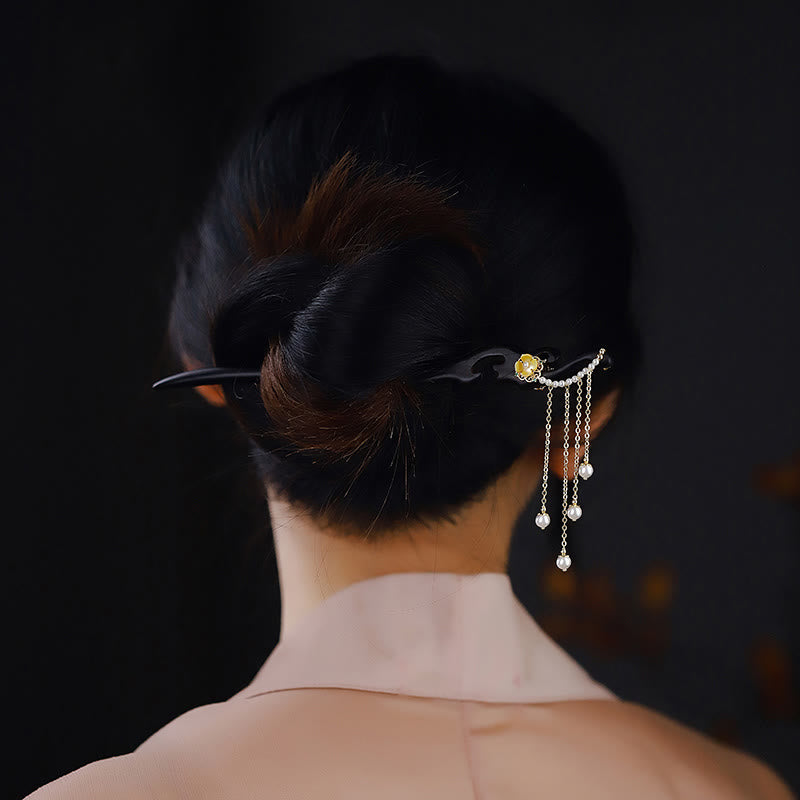 Ebony Wood Yellow Flower Pearl Tassels Hairpin