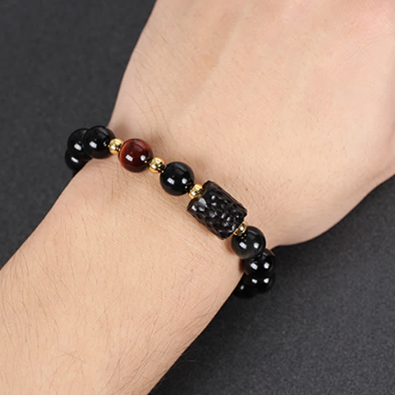 Ebony Wood & Black Obsidian Gold Sterling Silver Tiger Eye Beaded Couple Bracelet