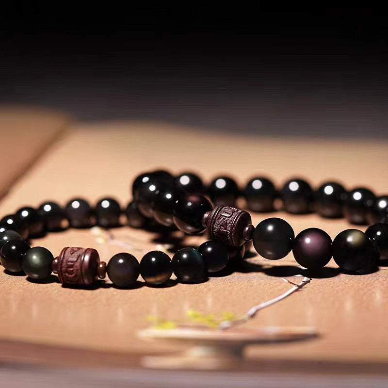 Natural Gold Sheen Obsidian Rainbow Obsidian Om Mani Padme Hum Fu Character Healing Bracelet