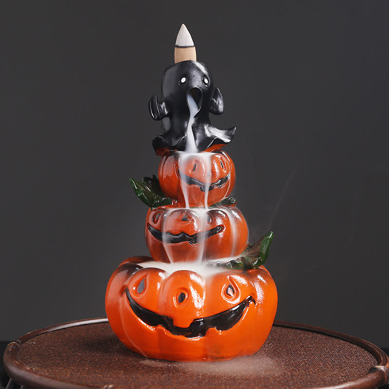 Atmospheric Halloween Pumpkin and Ghost Resin Backflow Smoke Fountain Incense Burner
