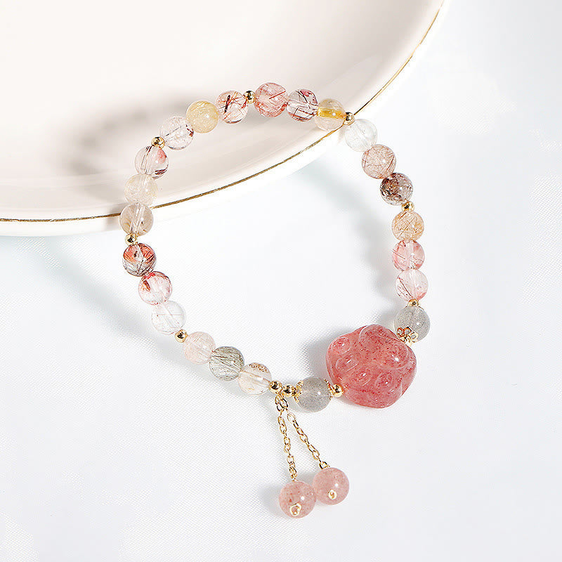 Natural Strawberry Quartz Cat Paw Claw Colorful Rutilated Quartz Moonstone Love Bracelet