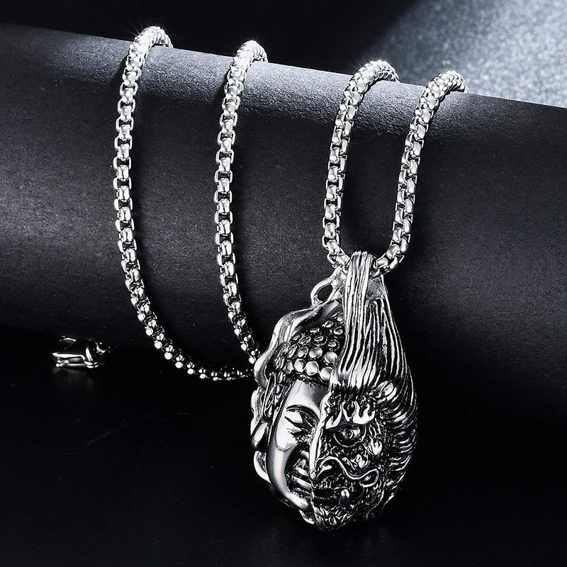 Dualistic Half Buddha Half Devil Titanium Steel Pendant Necklace for Men and Women