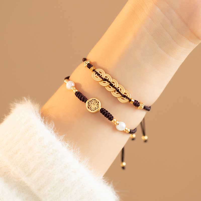 Hand-Braided Copper Tree of Life & Chinese Coin Red String Bracelet