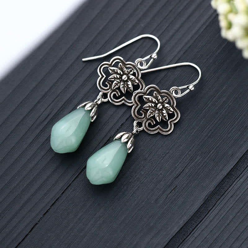 Magnolia Flower Jade Water Drop Copper Dangle Earrings