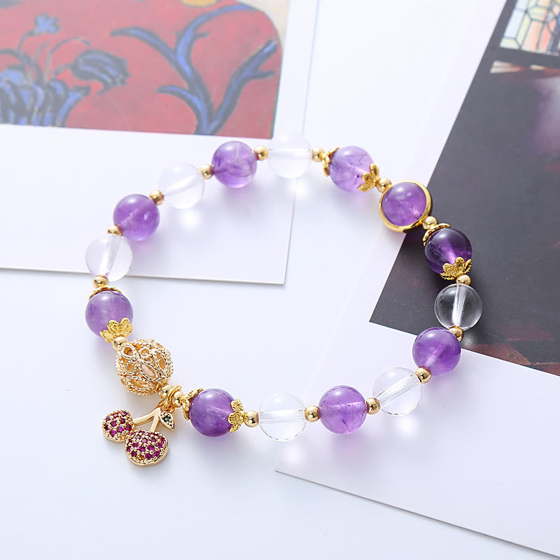 Natural Amethyst and Clear Quartz Beaded Bracelet with Cherry Charm
