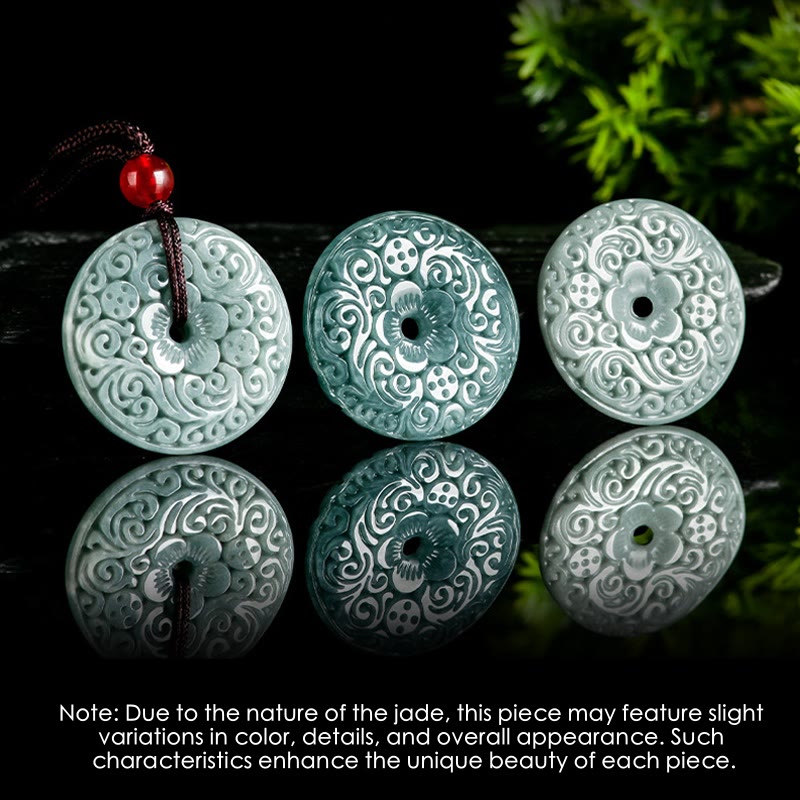 Green Jade Flower Carved Peace Buckle Abundance Necklace Pendant