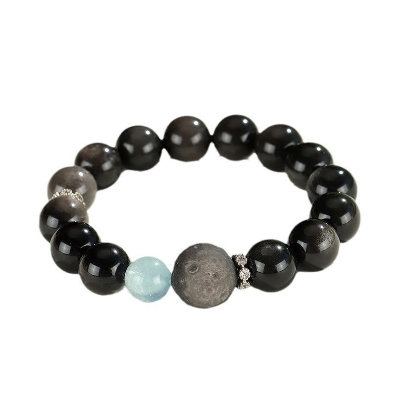 Natural Silver Sheen Obsidian Charm Bracelet with Rose Quartz, Aquamarine, Black & Clear Quartz