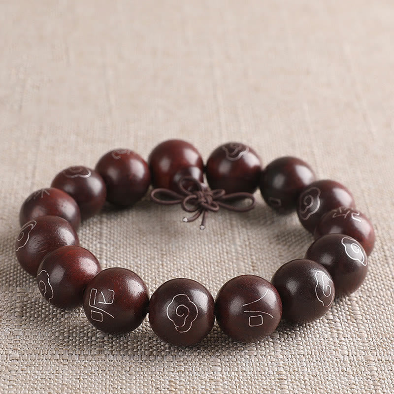 925 Sterling Silver Inlaid Small Leaf Red Sandalwood Om Mani Padme Hum Character Auspicious Clouds Protection Bracelet