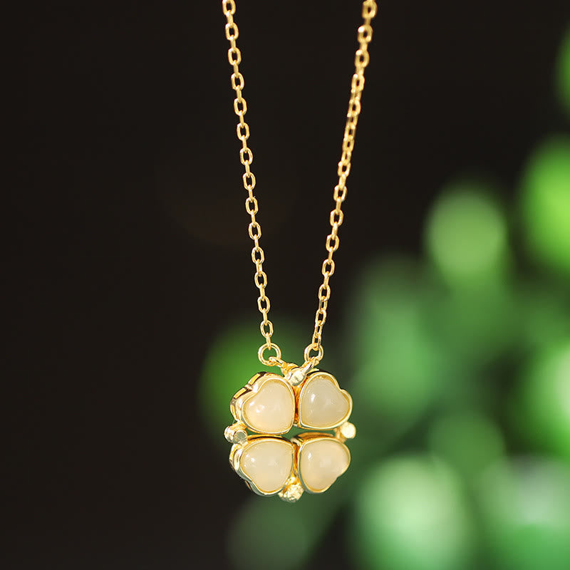 925 Sterling Silver Four Leaf Clover White Jade Red Agate Abundance Necklace Pendant