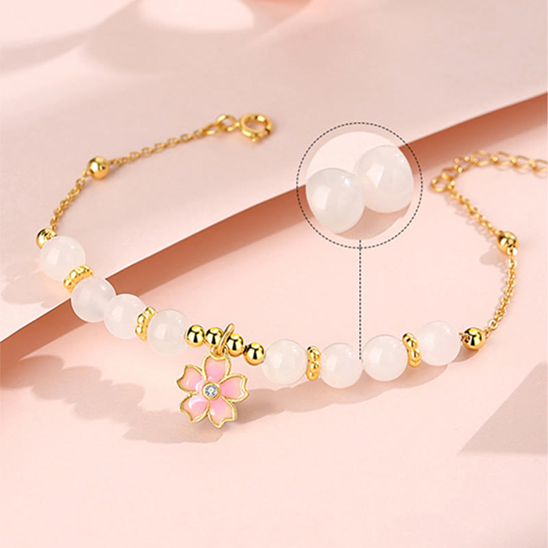 925 Sterling Silver Hetian White Jade Cherry Blossom Zircon Chain Bracelet