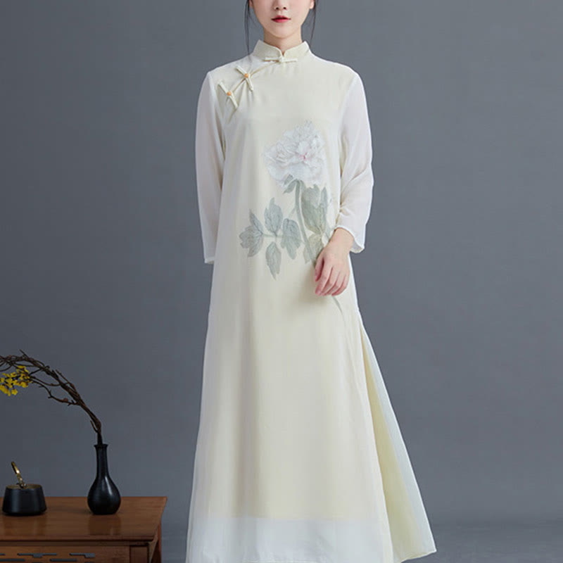 2Pcs Peony Flower Cheongsam Midi Dress Skirt Chiffon Zen Clothing Women's Set