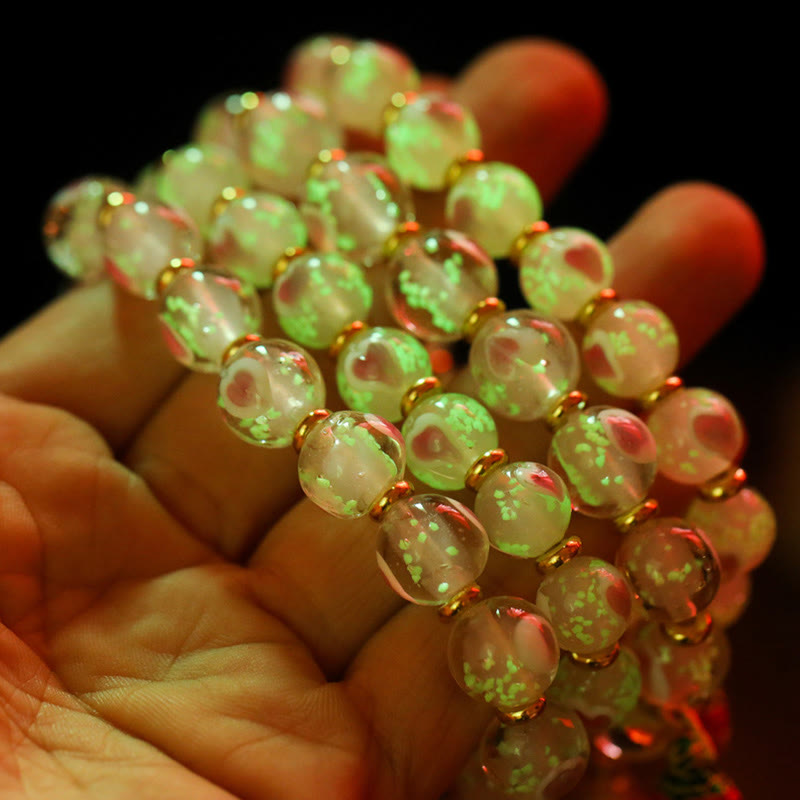 Gold Swallowing Beast Family Charm Luminous Pink Love Heart Fluorescent Liuli Glass Bead Blessings Bracelet