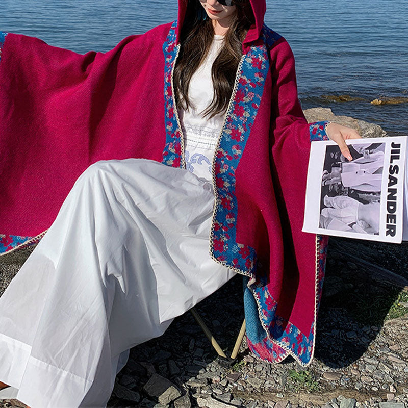 Tibetan Shawl Border Small Floral Flower Hooded Cloak Winter Cozy Travel Scarf Wrap