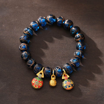 Handcrafted Blue Liuli Glass Bead Bracelet with Gold and Copper Pixiu Focal