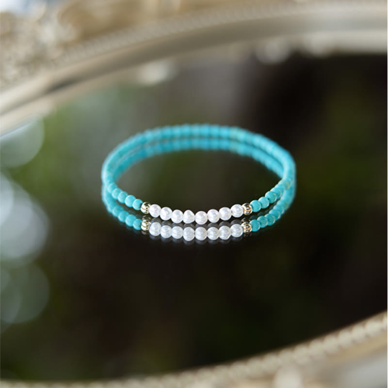 Handcrafted 925 Sterling Silver Natural Turquoise and Pearl Beaded Gold-Tone Bracelet