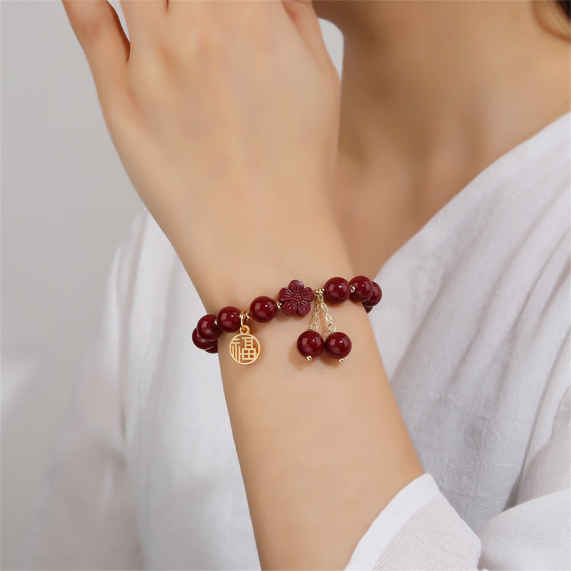 Cinnabar Fu Character Cherry Blossom Blessing Bracelet