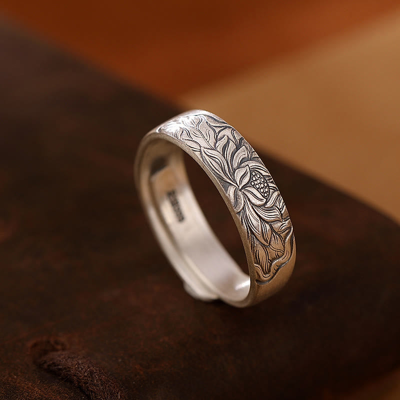 999 Sterling Silver Lotus Flower Plum Blossom Auspicious Clouds Engraved Enlightenment Ring
