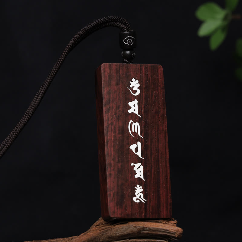 999 Sterling Silver Small Leaf Red Sandalwood Ebony Wood Om Mani Padme Hum Inlaid Protection Necklace Pendant