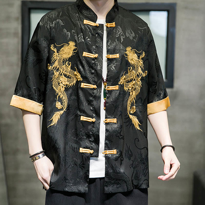 Frog-Button Chinese Dragon Embroidery Half Sleeve Shirt Linen Men Clothing