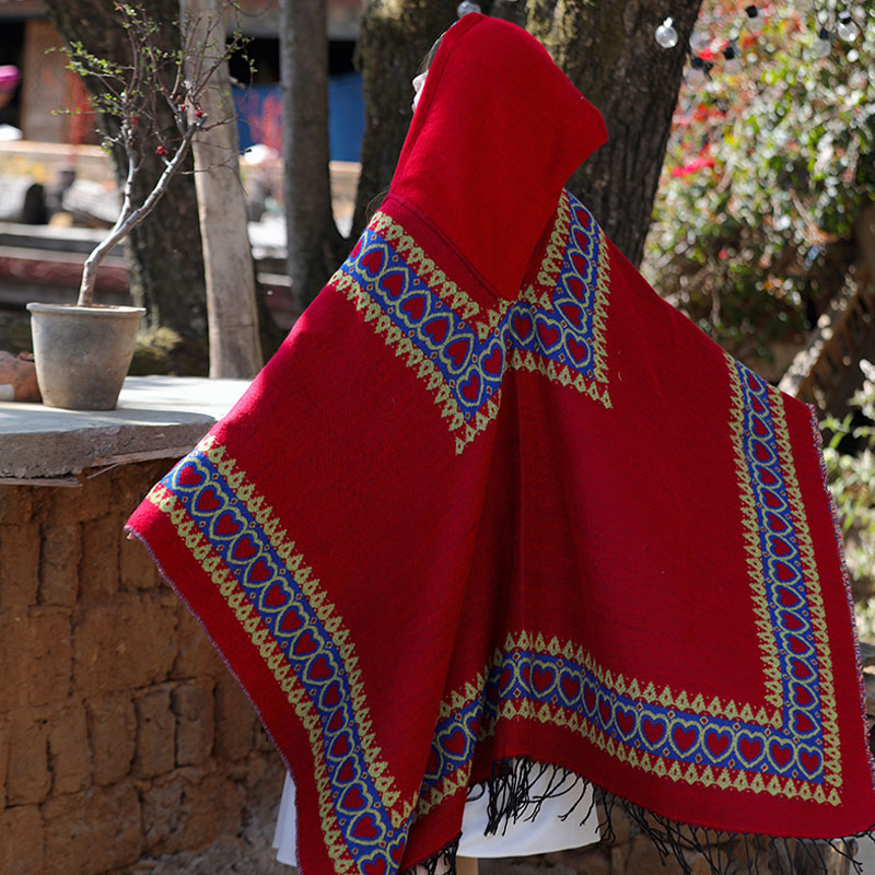 Tibetan Shawl Red Love Heart Tassel Hooded Cloak Winter Cozy Travel Scarf Wrap
