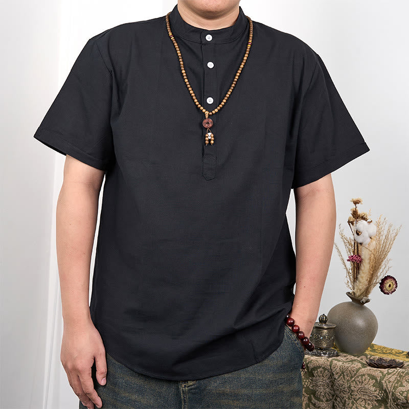 Cotton Linen Stand Collar Short Sleeve Meditation Shirt