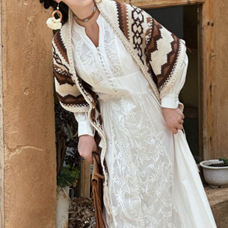 Tibetan Striped Brown Beige Tassel Shawl Winter Cozy Travel Scarf Wrap