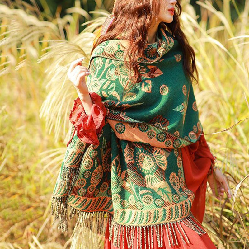 Tibetan Flower Floral Leaves Pattern Design Shawl Cozy Travel Scarf Wrap