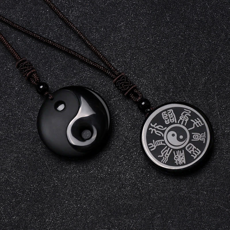 Black Obsidian Taoism Five Sacred Mountains Nine-Character Mantra Carved Purification Yin Yang Necklace Pendant
