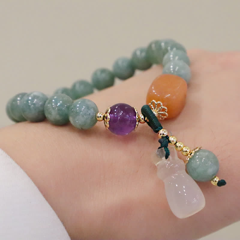 Cyan Jade, Golden Silk Jade & Amethyst Crystal Bracelet with Chalcedony & Energetic Styles