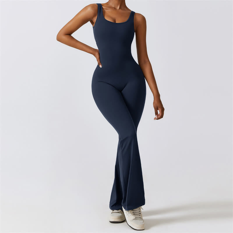 Women Workout Sleeveless Jumpsuit Flare Pants Sports Fitness Yoga Bodysuit