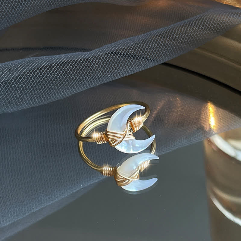 Natural Tridacna Stone Moon 14K Gold Blessing Ring