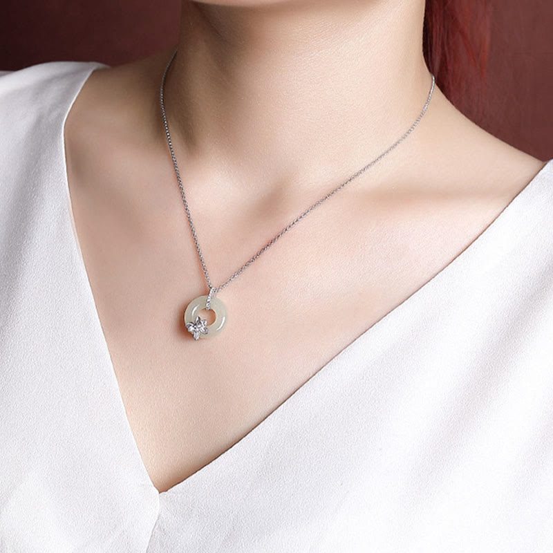 925 Sterling Silver Hetian Jade Peace Buckle Flower Luck Necklace Pendant