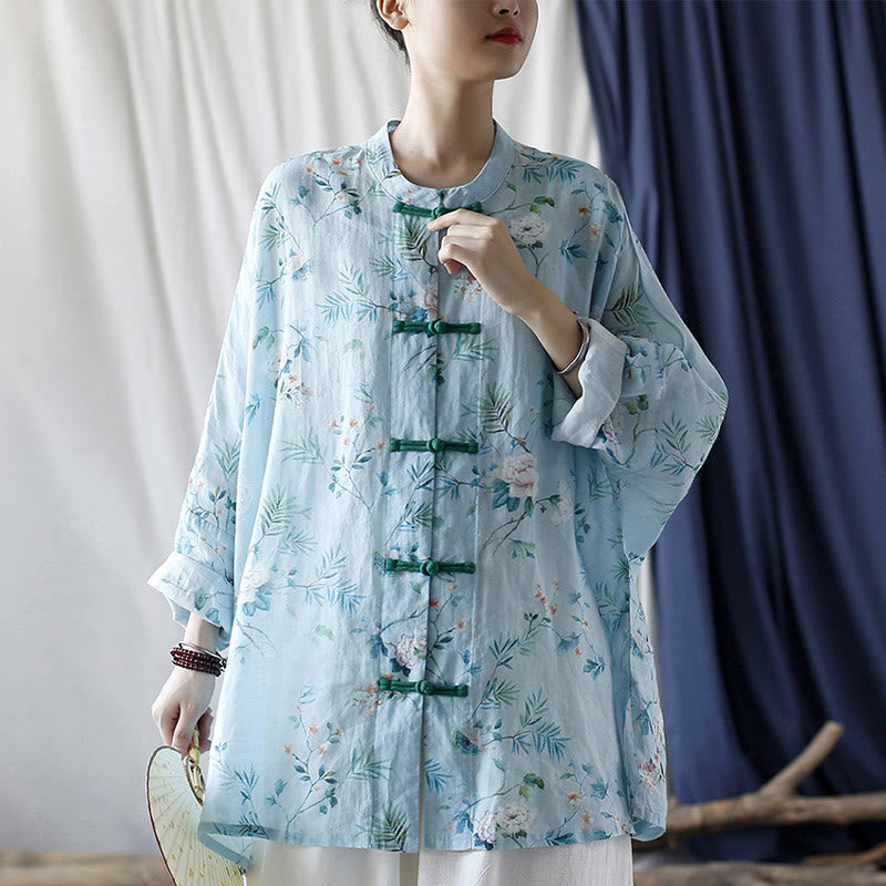 Light Green Pink Flowers Green Leaves Frog-Button Long Sleeve Ramie Linen Jacket Shirt