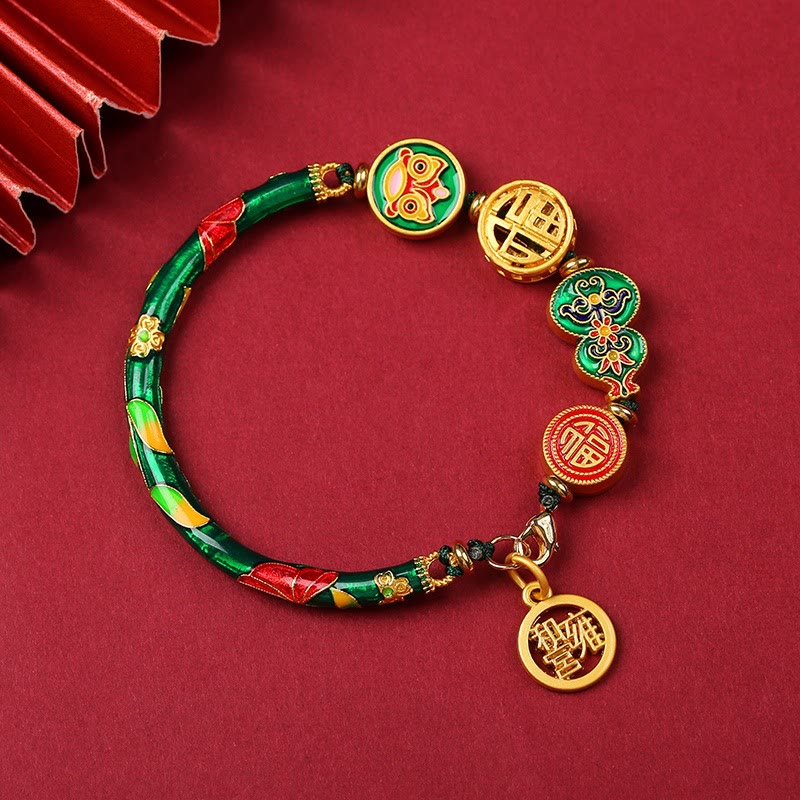Tibetan Handcrafted Copper Wu Lou and Guardian Lion Cord Bracelet