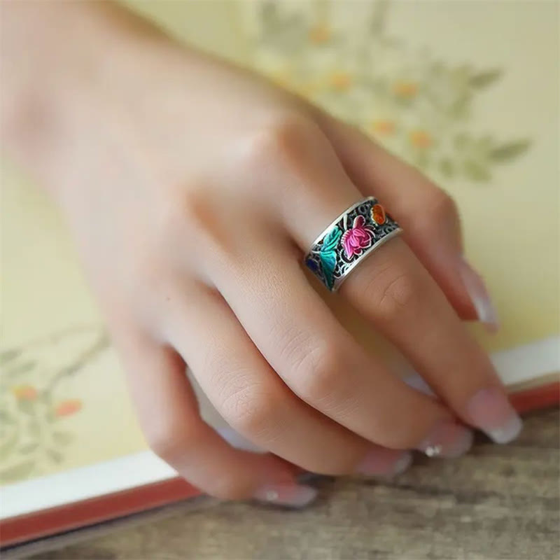 Copper Blue Enamel Lotus Heart Sutra Koi Fish Luck Ring