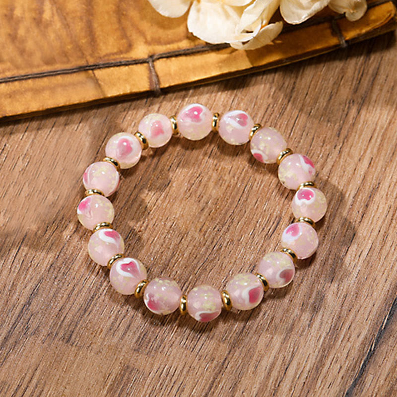 Gold Swallowing Beast Family Charm Luminous Pink Love Heart Fluorescent Liuli Glass Bead Blessings Bracelet