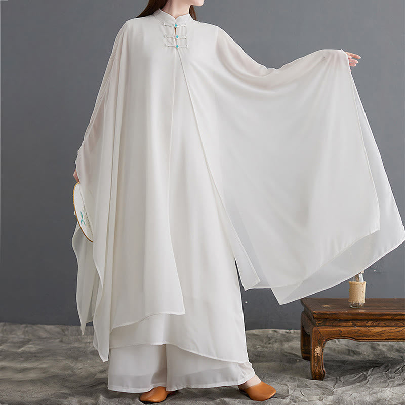 Chiffon Frog-Button Flowing Dress and Wide-Leg Meditation Set