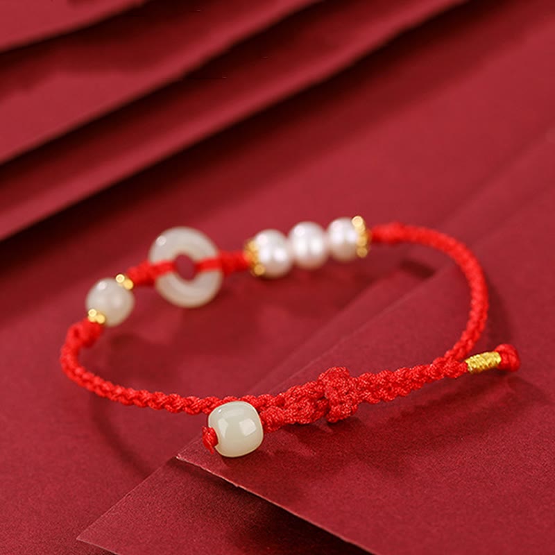 Hetian Jade Ping An Kou Pearl 925 Sterling Silver Gold Plated Red String Bracelet