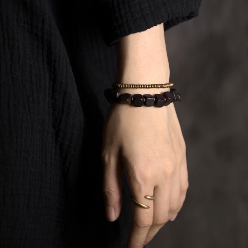 Tibetan Peace Double Wrap Bracelet: Ebony Wood, Copper & Brass