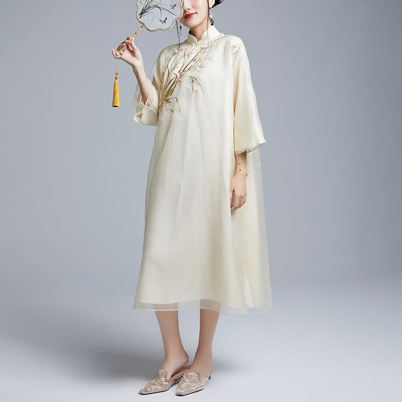 100% Mulberry Silk 6 Momme Dress Vintage Flower Butterfly Embroidery Qipao Dress Women's Cheongsam Dress