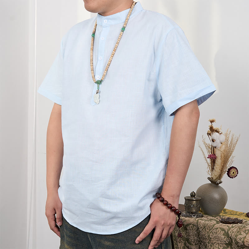 Cotton Linen Stand Collar Short Sleeve Meditation Shirt