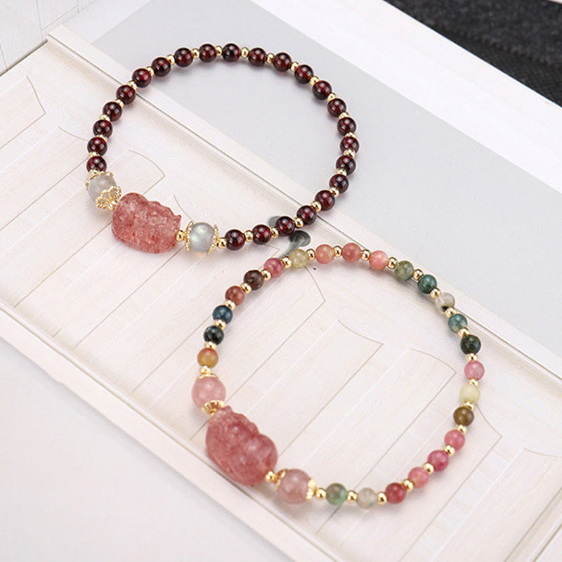 Natural Tourmaline Garnet Strawberry Quartz PiXiu Moonstone Protection Bracelet