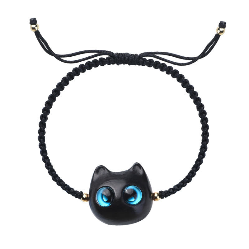 Small Leaf Red Sandalwood Ebony Wood Cute Cat Head Calm Protection Braided Bracelet