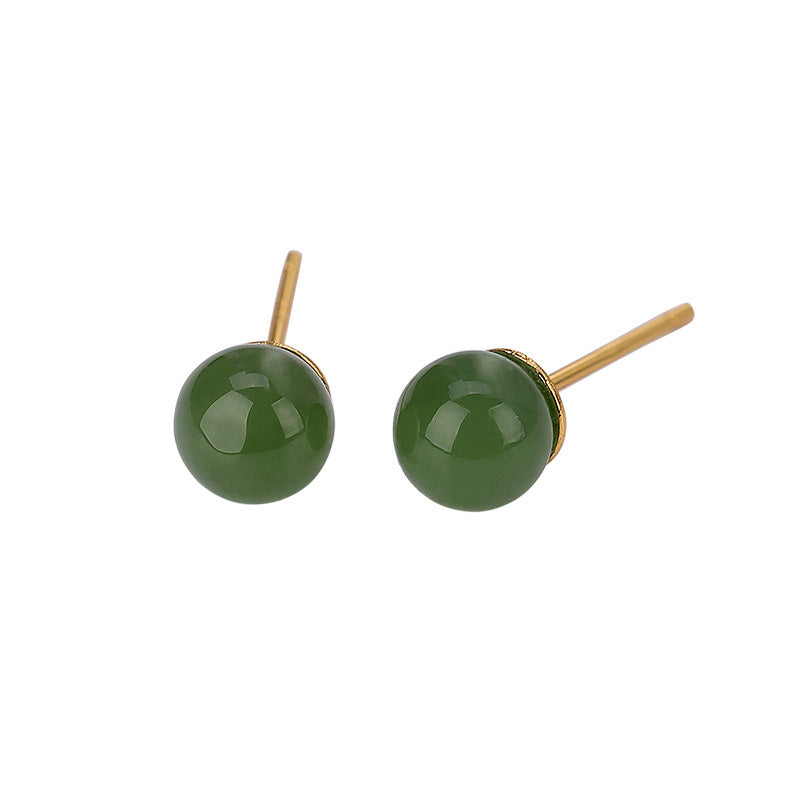 925 Sterling Silver Round Cyan Jade Healing Calm Stud Earrings
