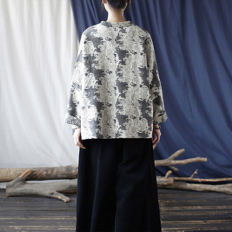 Black Gray Print Frog-button Design Long Sleeve Cotton Linen Jacket Shirt With Pockets