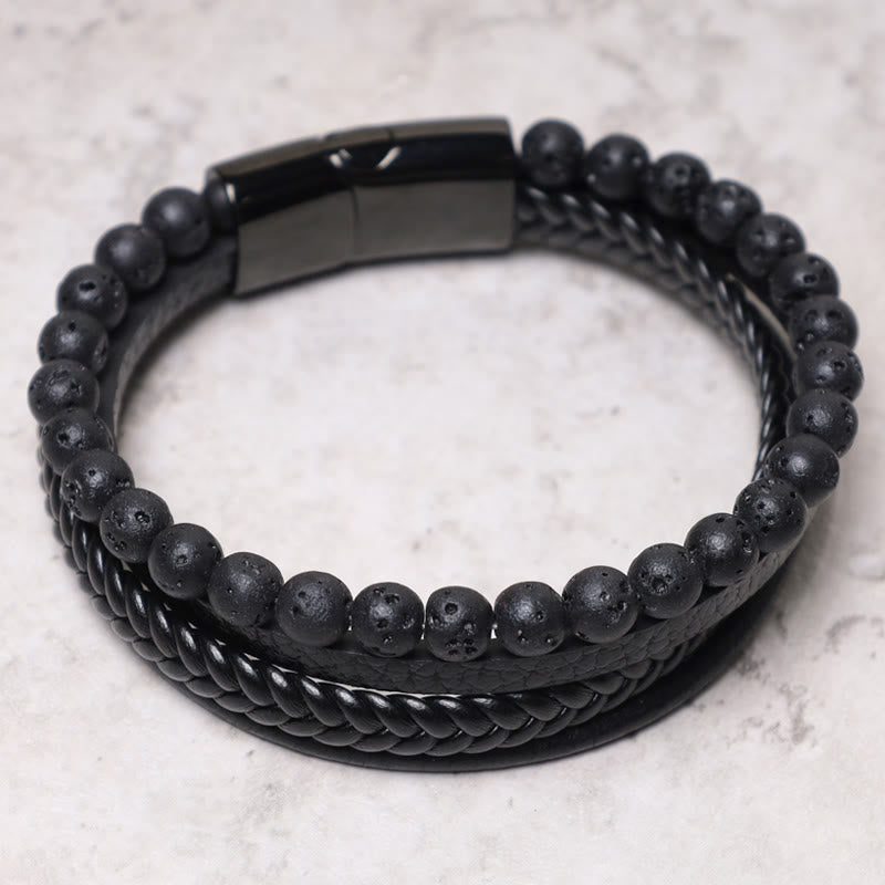 Natural Lava Rock Black Onyx Bead Leather Bracelet