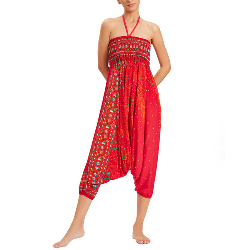 Two Style Wear Peacock Feather Loose Smocked Harem Trousers Jumpsuit High Waist Pants