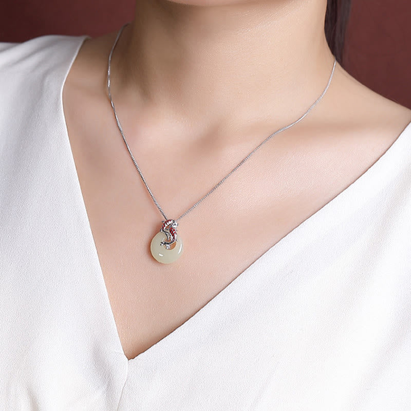 925 Sterling Silver Hetian Jade Peace Buckle Koi Fish Luck Necklace Pendant