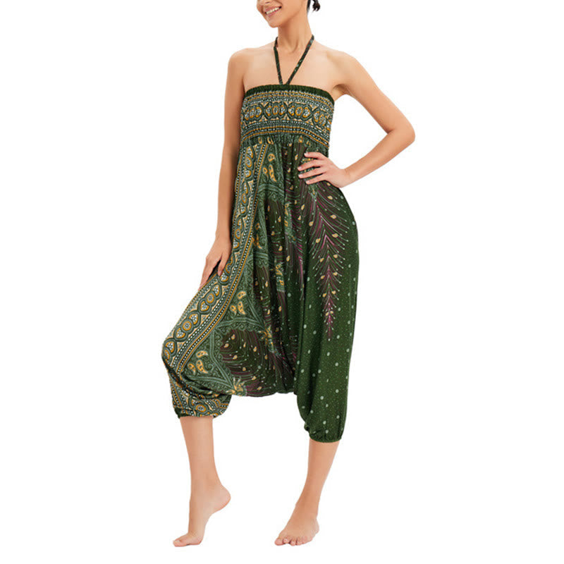 Two Style Wear Peacock Feather Loose Smocked Harem Trousers Jumpsuit High Waist Pants